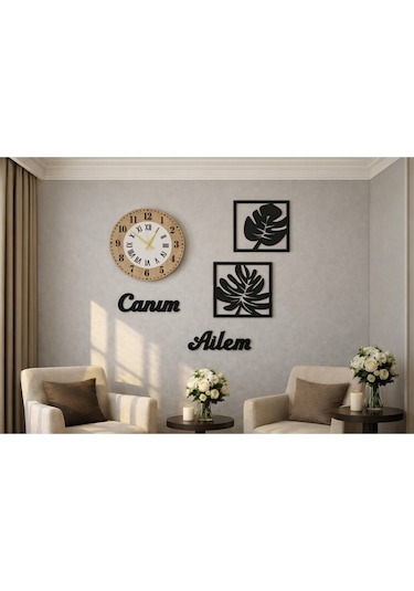 Duvar Saati 40 Cm Çiçekler 30 Cm Canım Ailem Temalı No30021 Çok Renkli