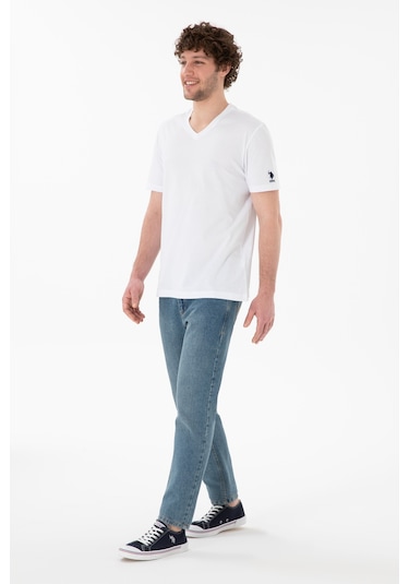 U.S. Polo Assn. Erkek Regular Fit  V Yaka Beyaz Basic Tişört 50305858-VR013