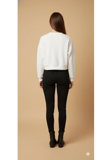 Kadın Ayı Figürlü Crop Sweat Payetli Teddy Bear İpli Detaylı Yazılı Yuvarlak Yaka Kısa Swat Ekru