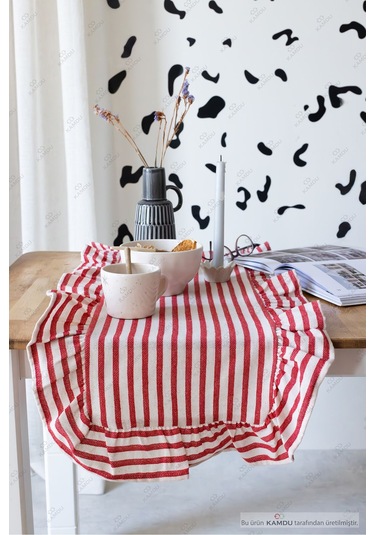 Kırmızı Çizgili 40x125 Cm Vintage Fırfırlı %100 Keten Pamuklu Amerikan Runner Bej