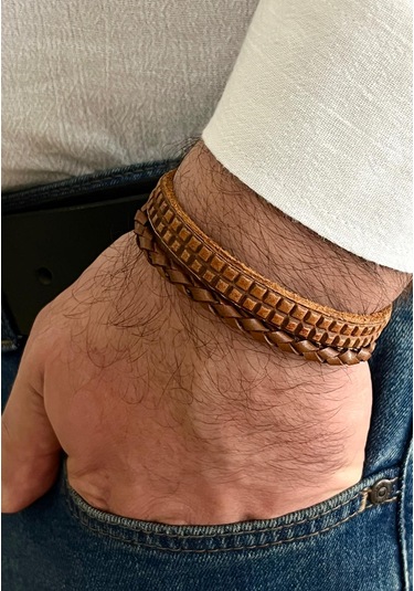 Örgü Detaylı %100 Deri 2li Taba Renk Erkek Bileklik 21 Cm Türk El Üretimi Taba