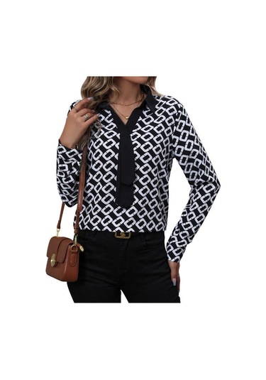 İlkbahar Ve Sonbahar Kadın Gömlek Bluz Mizaç Zarif Uzun Kollu Baskılı Kadın Gömleği Siyah