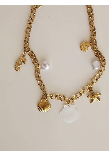 İstiridye Midye Deniz Yıldızı Deniz Atı İnci Model Charmlı Yaz Beach Plaj Tatil Kolye 46cm Gold