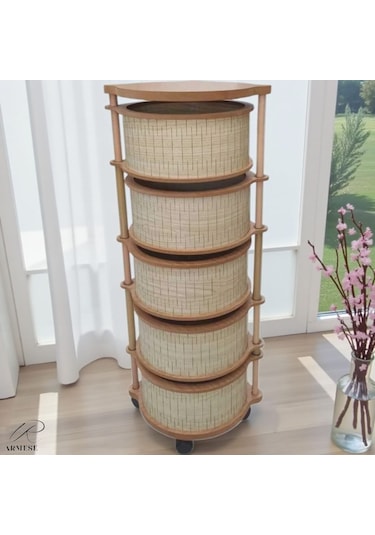 5 Katlı Ahşap Sebzelik Tekerlekli Naturel Gıdaya Uygun Kaliteli Mdf Modern Açık Kahverengi