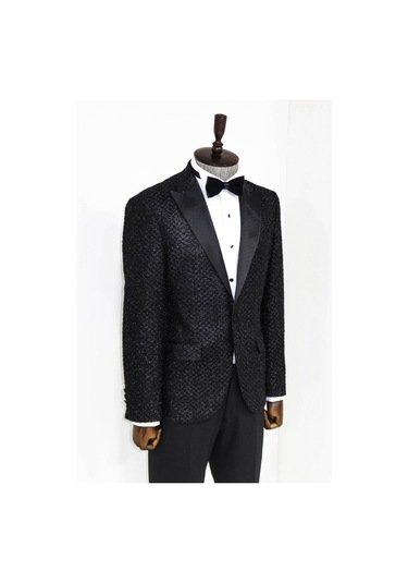 Wessi Kareli Desenli Simli Siyah Erkek Smokin Ceket Siyah