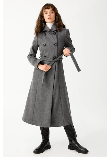 Boğum Yakalı Kruvaze Manto Antrasit-antrasit Antrasit