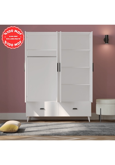 İnci 4 Kapaklı 2 Çekmeceli Gardırop Beyaz %100 Mdf