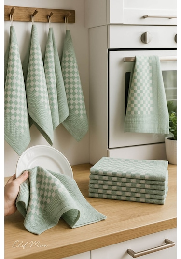 Kare Desenli Mutfak Kurulama Bezi Seti 10 Lu 50x70 Cm Casaline Yeşil