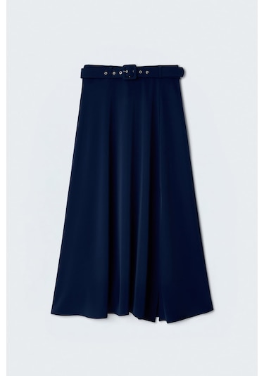 Sateen Kemerli Yırtmaç Detaylı Kloş Etek - Lacivert-137418