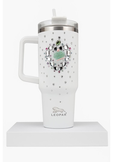 Pipetli 1,2 Litre Kulplu Çelik Termos Renkli Üzeri Taş İşlemeli - Beyaz Beyaz