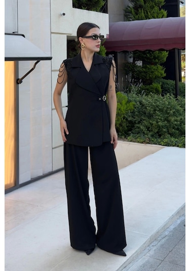 Omuz İşleme Detaylı Asimetrik Abiye Takım 2389-siyah Siyah
