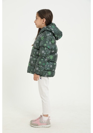 Freemen Kız Çocuk Yeşil Kar Tanesi Desen Polar Su Ve Rüzgar Geçirmez Kapüşonlu Şişme Kışlık Mont Yeşil