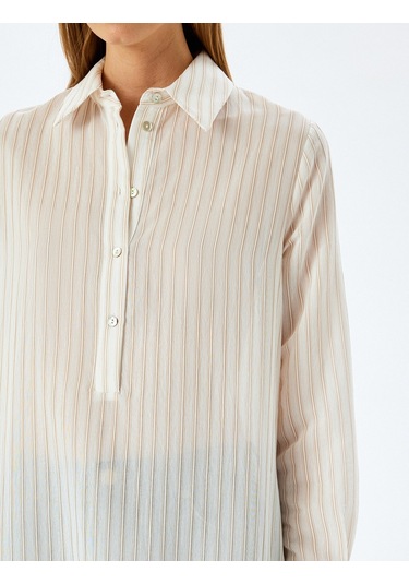 Koton Çizgili Gömlek Yaka Uzun Kollu Oversize Midi Tunik Elbise Kahverengi Çizgili 5sak80063uw 5s5