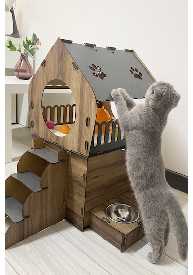 Missidea Dekoratif Teraslı Kedi Evi Ve Mama Kabı Seti