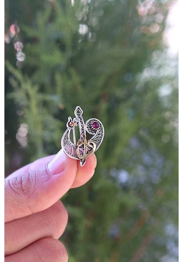 Midyat Nurtaş Gümüş Yakut Taşlı Elif Vav Model 925 Ayar Gümüş Oksitli Telkari Broş 201023408 Gümüş