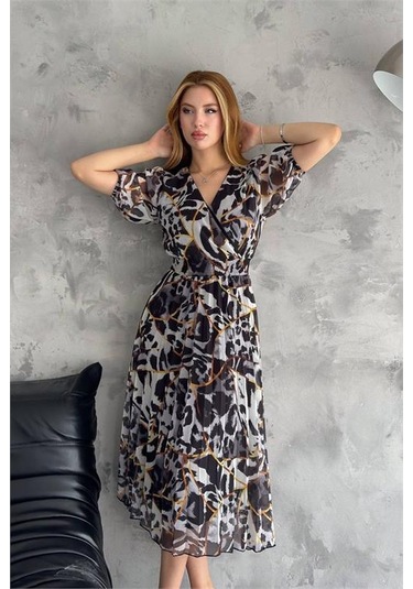 Neşeli Butik Kadın Siyah Kruvaze Yaka Desenli Şifon Elbise Nbq001 Siyah