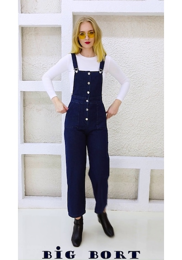 Önden Düğmeli Enzim Kot Kumaş Salopet & Tulum Mavi