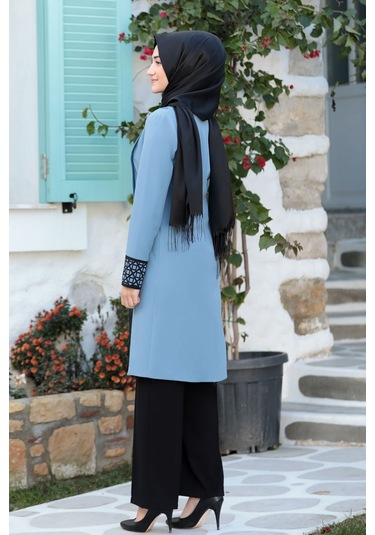 Lazer Kesim Detaylı Büyük Beden Tesettür Takım Mavi