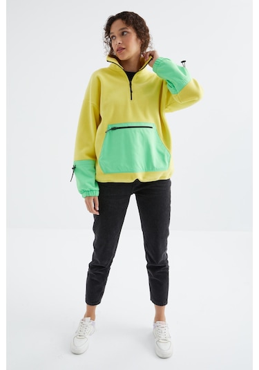 Tommy Life Limon Etek Ucu Büzgülü Yarım Fermuarlı Oversize Kadın Polar Sweatshirt - 97238 Limon Sarısı