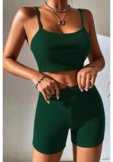 Kadın Yeşil Şortlu Kaşkorse Gecelik Takım Çok Renkli