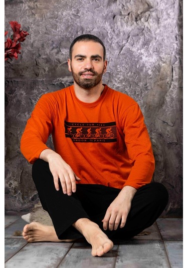 Yuvarlak Yaka Pamuk Regular Kalıp Erkek Pijama Takımı 983 - Turuncu