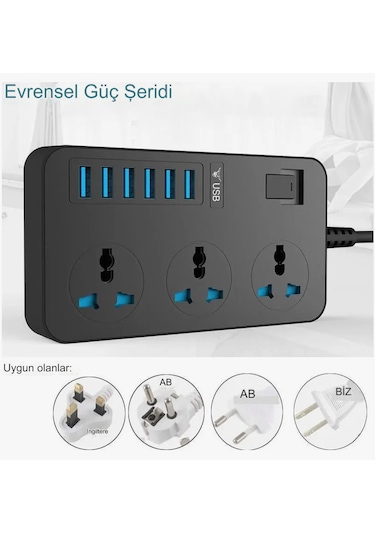 3000w 3 Ac Çıkışları Ve 6 Usb Şarj Portu Akım Korumalı Grup Priz