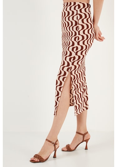 Lela Slim Fit Ip Askılı Yırtmaçlı Bayan Takım 5865278 Kahve-Beyaz