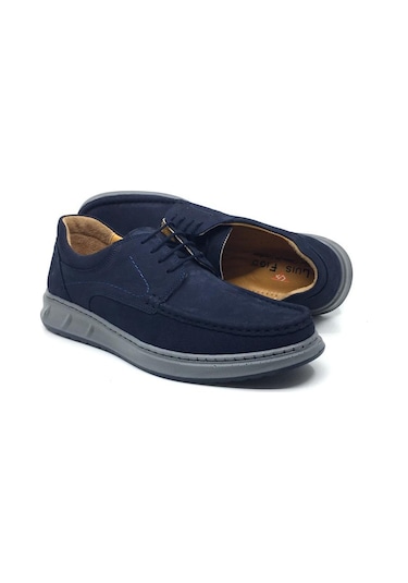 Luis Figo %100 Hakiki Nubuk Deri Ortopedik Erkek Rahat Günlük Loafer Büyük Ayakkabı 40-48 Lacivert Nubuk Bağcıklı Lacivert