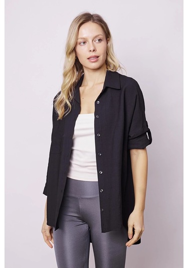 Kadın Keten Görünümlü Kolu Katlanabilir Rahat Kesim Uzun Tunik Gömlek-siyah Siyah