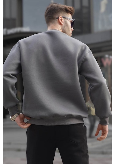 Madmext Füme Bisiklet Yaka Oversize Şardonlu Basic Erkek Sweatshirt 6048-füme Füme