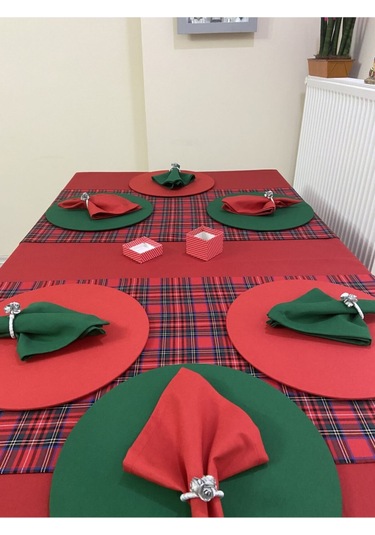 Kırmızı Masa Örtüsü , Ekose Runner , 2 Renk Supla Seti , Peçete 6 Kişilik