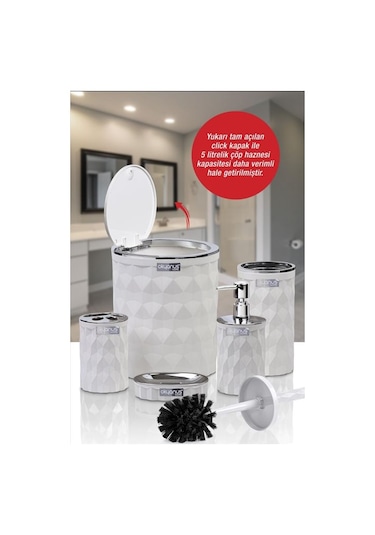 Okyanus Home Diamond Beyaz Kromlu Click Kapak 5'li Banyo Seti Beyaz