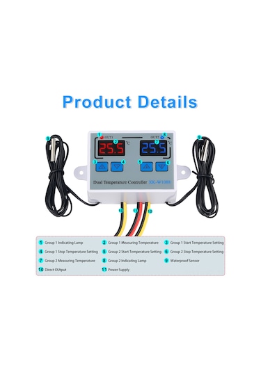 Dofolink Xk-w1088 Akıllı İki Kontrollü Elektronik Sıcaklık Kontrol Cihazı, İki Ekranlı, Ayarlanabilir, Ac110-220v, 10a Röle, Su Geçirmez Sensörlü