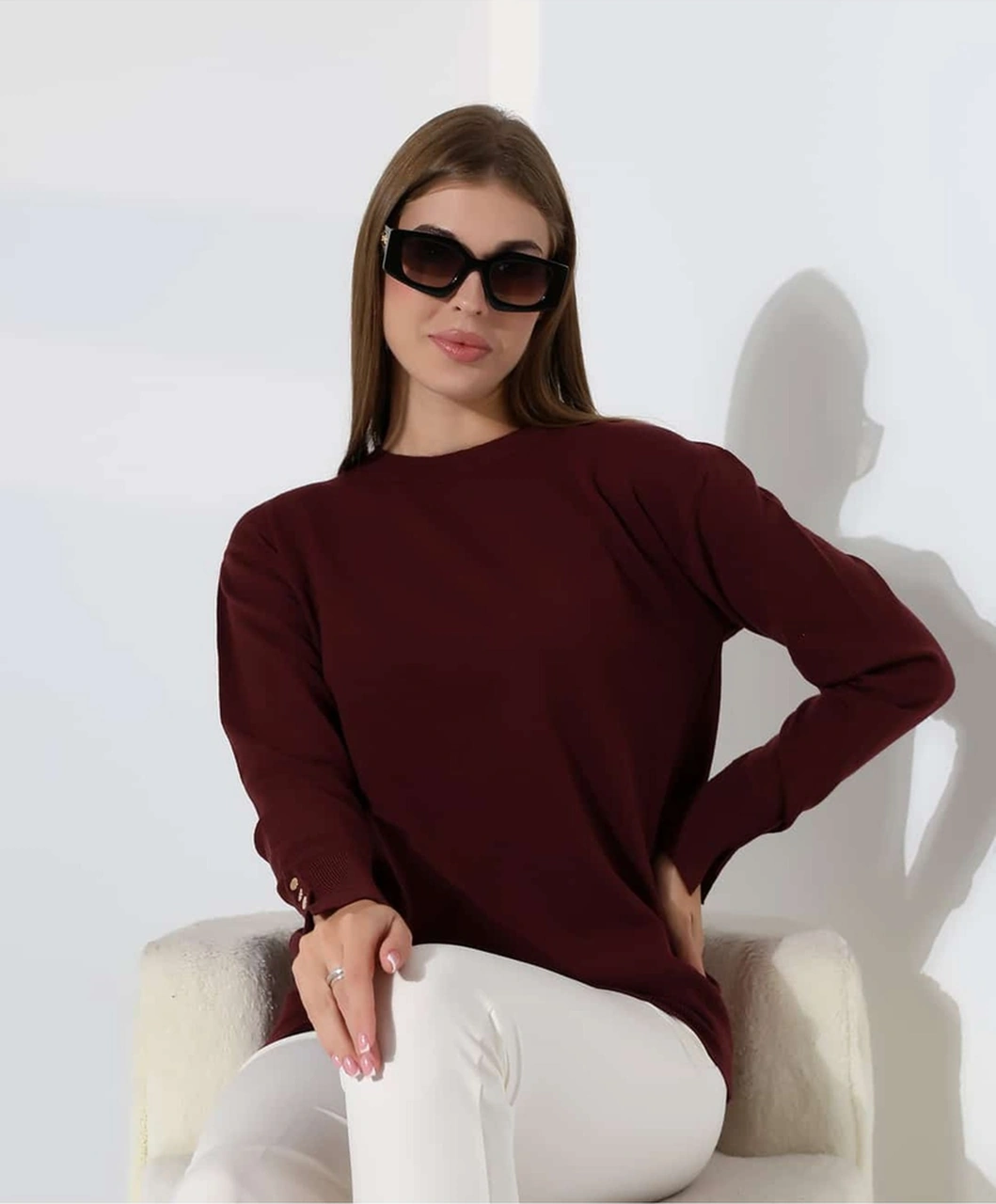 Gündelik Şıklık Kol Düğme Detay Triko Kazak Bordo