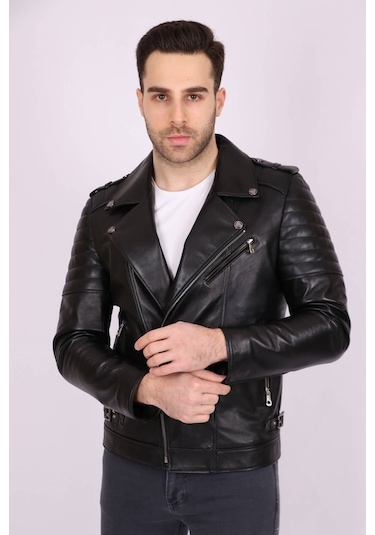 Erkek Siyah Hakiki Deri Yakalı Asimetrik Fermuarlı Spor Mont