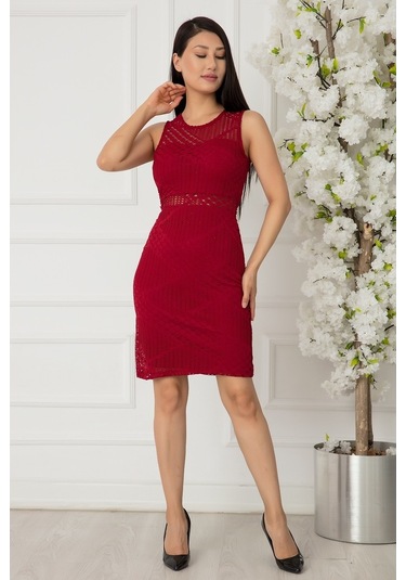 Kalopya Dantel Göbek Detay Kısa Elbise 13276 Bordo