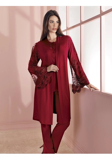 Espuar 757 Penye 3'lü Sabahlık Pijama Takımı Bordo