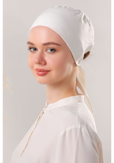 Kadın Tesettür Dikişli Set Bone Ekru 3 Adet Bağlamalı Penye Bone Ekru