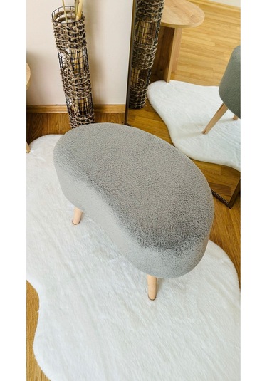 Fasulye Model Ahşap Ayaklı Teddy Kumaş Dekoratif Puf Bench Gri