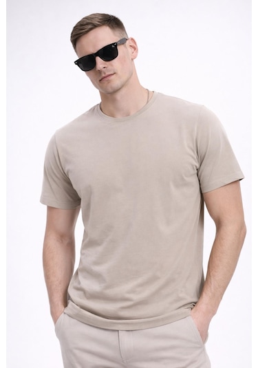Freemen Erkek/unisex Bisiklet Yaka Basic Tişört %100 Pamuk-371 Bej