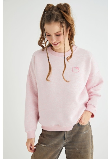 Hello Kitty Lisanslı Baskılı Kalın Pembe Sweatshirt Renkli