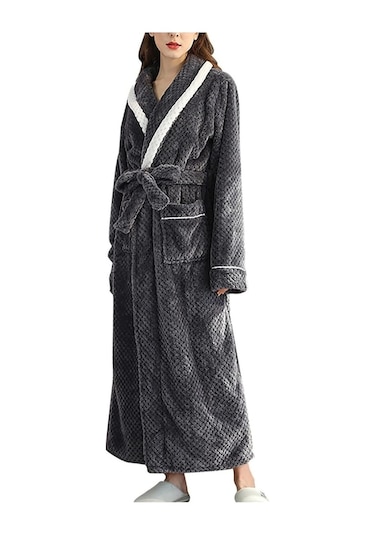 Flybuy Bayan Sabahlık Flanel Cepli Bornoz Kadın Erkek Kış Gecelik Uzun Kollu Sıcak Bornoz Gri