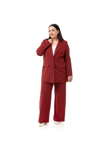 Büyük Beden Çizgili Bordo Ceket Pantolon İkili Takım Bordo