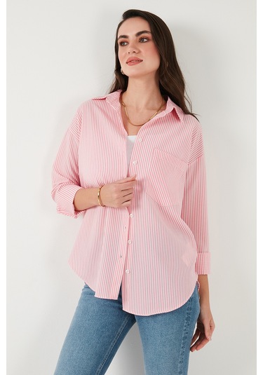 Lela Regular Fit Uzun Kollu Cepli Çizgili Bayan Gömlek 6772895 Şeker Pembe
