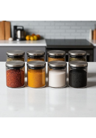 300 Ml 70 Mm X 100 Mm 8 Lı Borosilikat Cam Baharatlık Seti-sızdırmaz Sılıkonlu Metal Kapak Beyaz