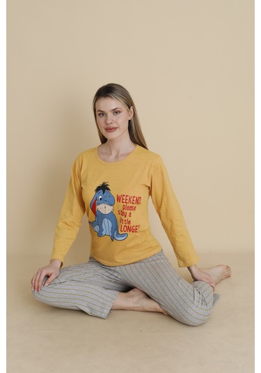 Kadın Penye Sıfır Yaka Uzun Kol Pijama Takımı Sarı Gri