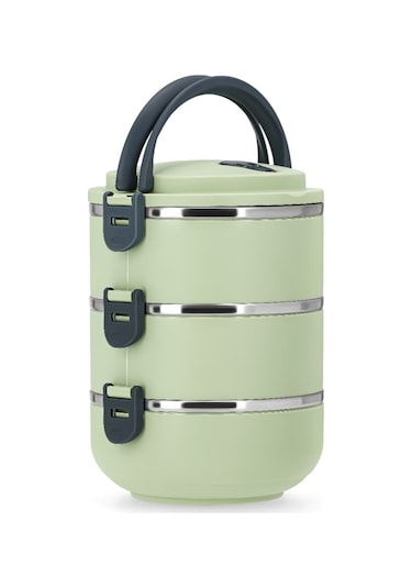 Penguen Kulplu Çelik Sefer Tası - Yemek Termosu Saklama Kabı 3 Katlı Yeşil Yeşil
