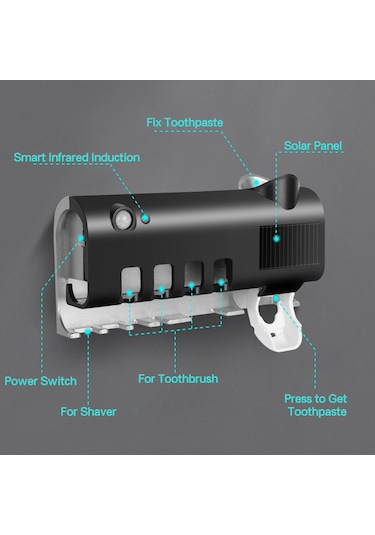 Vkemall Siyah Uv Sterilizasyonlu Akıllı Fırça Tutucu - Duvara Takılabilir, Özlü Macun Dağıtıcı, Deliksiz Kurulum, Sağlıklı Ağız Bakımı Siyah