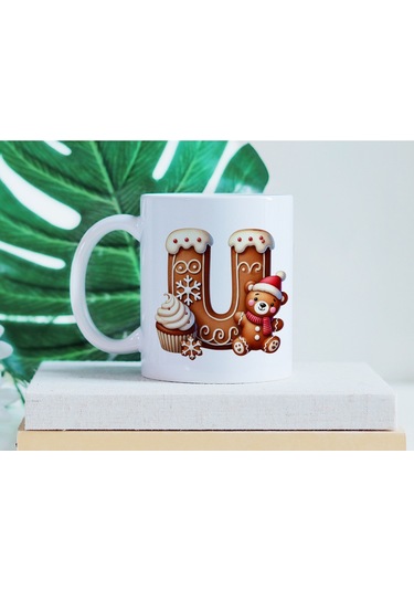 U Kurabiye Harf Ve Ayıcık Detaylı Kupa Bardak - Yeni Yıl / Yılbaşı Temalı Tasarım - Noel Hediye Beyaz