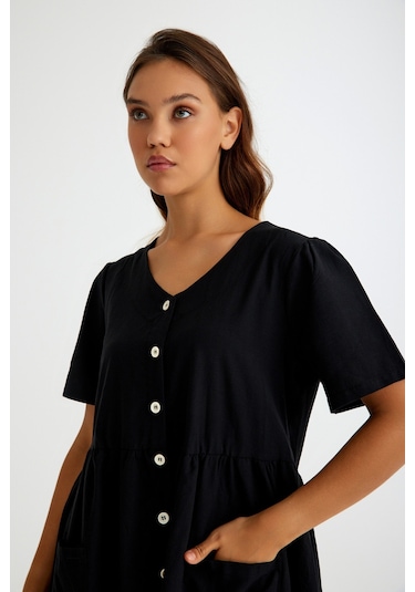 Barbora Keten Günlük Rahat V Yaka Beli Büzgü Detaylı Düğmeli Elbise Ln04siyah4 001